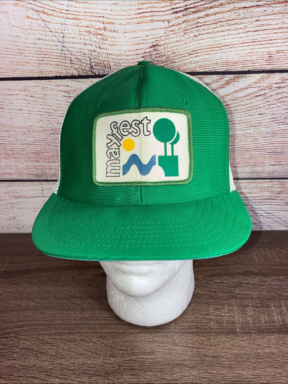 Vtg Fort Worth Green 'MayFest' Patch Trucker Hat Cowtown Cap Co